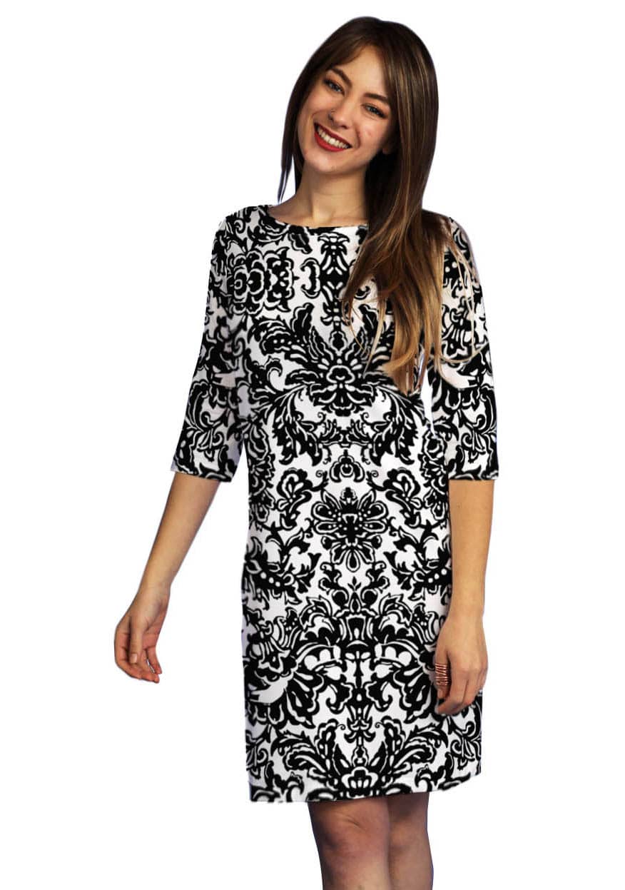 Engineered Knit Dress Elbow Sleeve Round Neck Style 583E79 BK