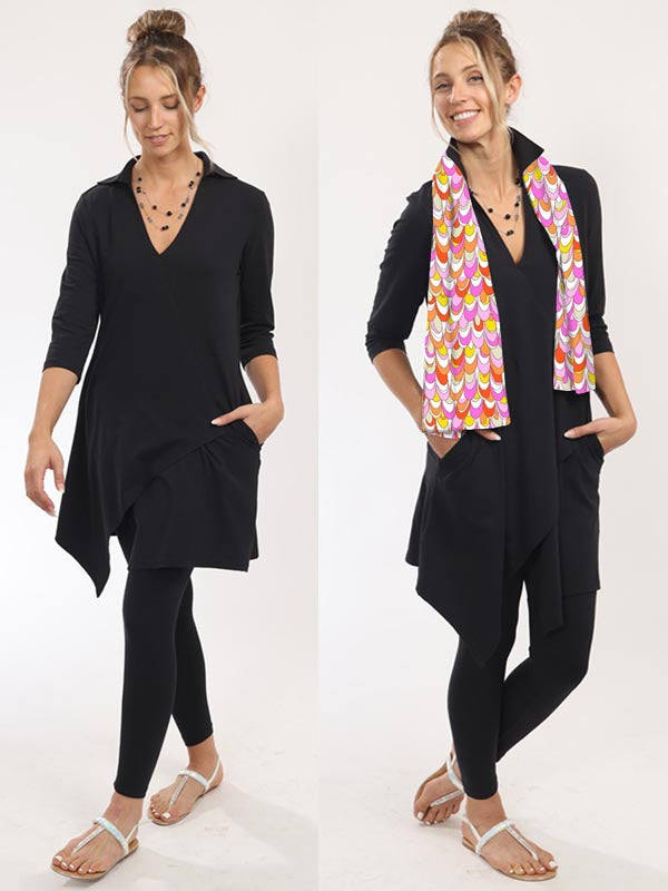 Cotton Knit Tunic Elbow Sleeve Collar V-neck Style 778C00 BK SCF