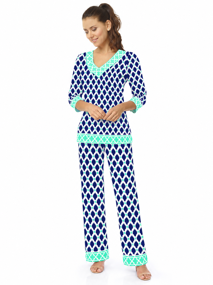 Woman wearing the Navy Seafoam knit top and matching palazzo pants, 2 piece set