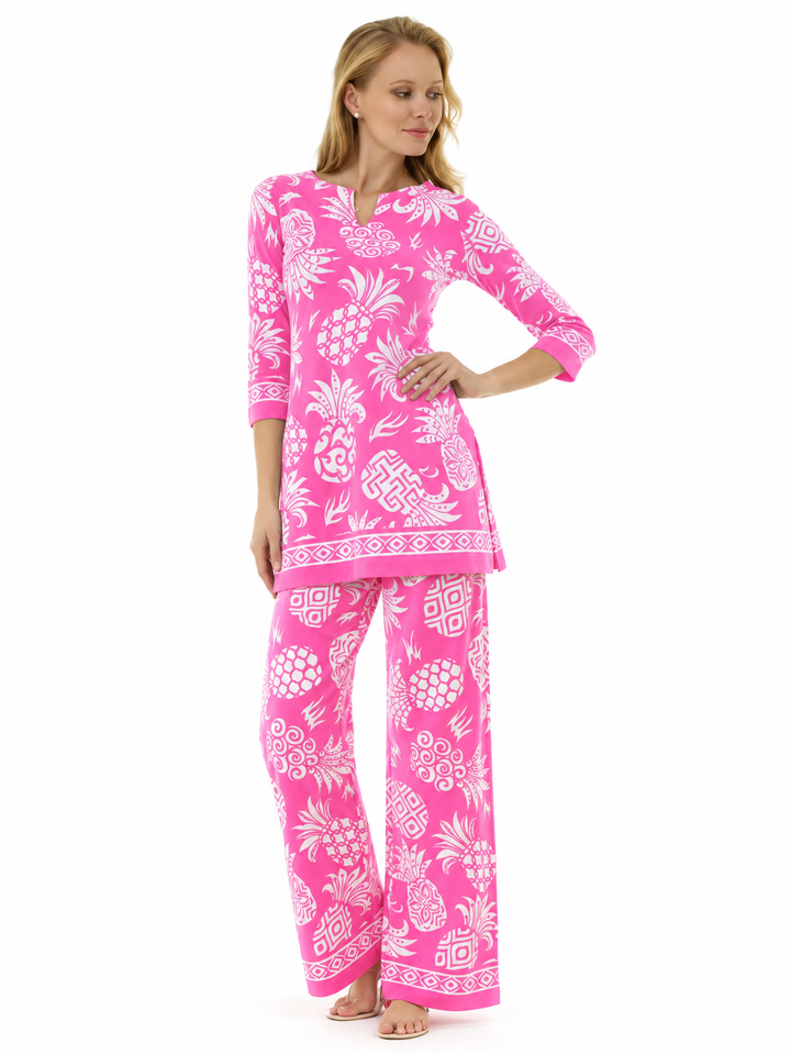 Woman wearing the Pink Pineapple knit tunic and matching palazzo pants, 2 piece set