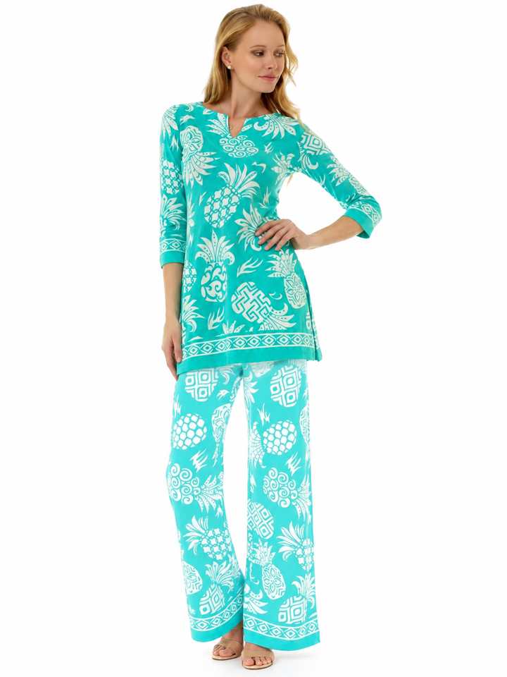 Woman wearing the Seafoam Pineapple knit tunic and matching palazzo pants, 2 piece set