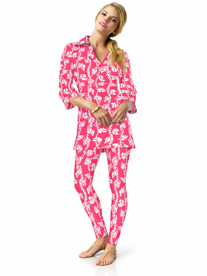 Woman wearing the Flamingo nylon tunic and matching leggings, 2 piece set