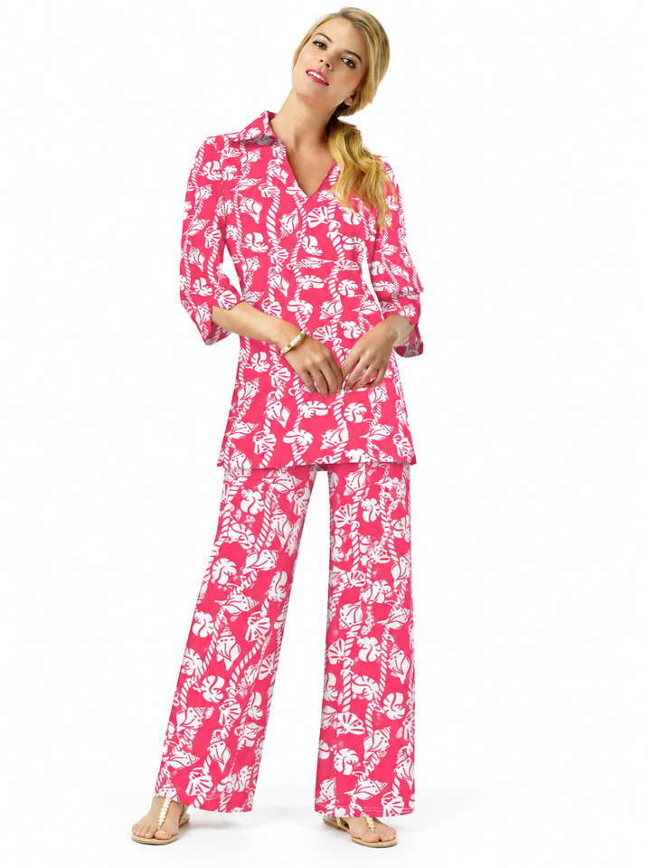 Woman wearing the Flamingo nylon tunic and matching palazzo pants, 2 piece set