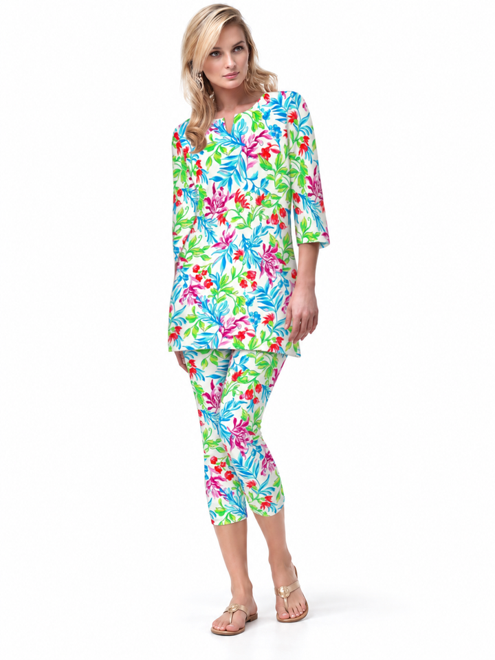 Woman wearing the Blue Multi nylon tunic and matching capri, 2 piece set
