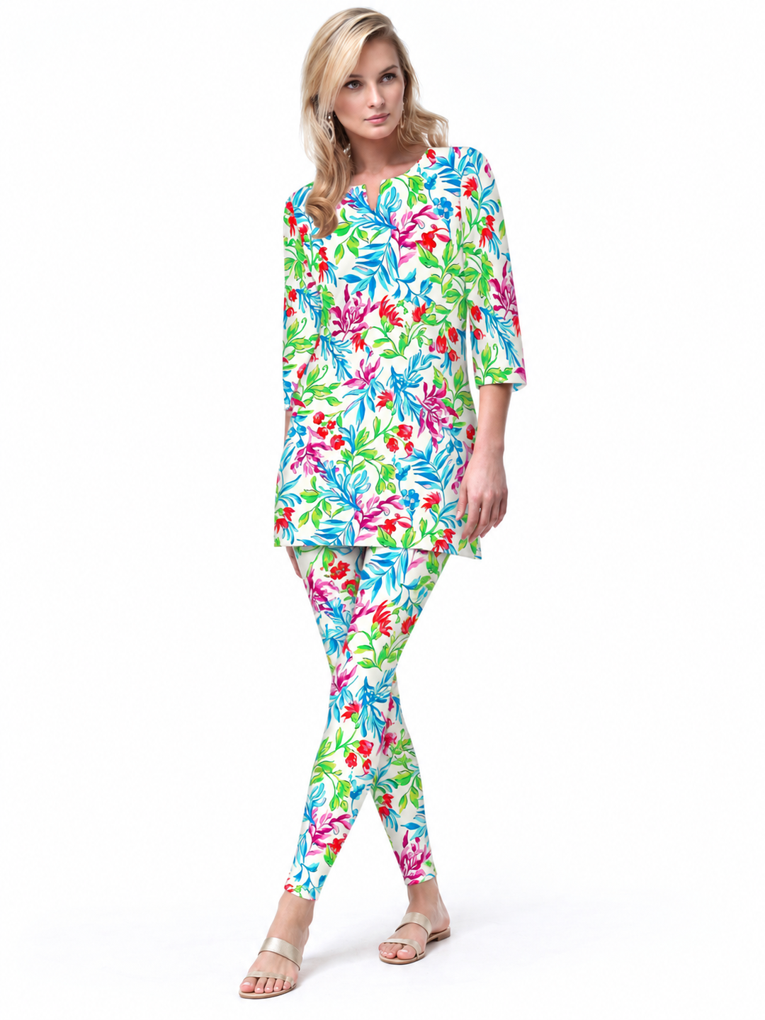 Woman wearing the Blue Multi nylon tunic and matching leggings, 2 piece set