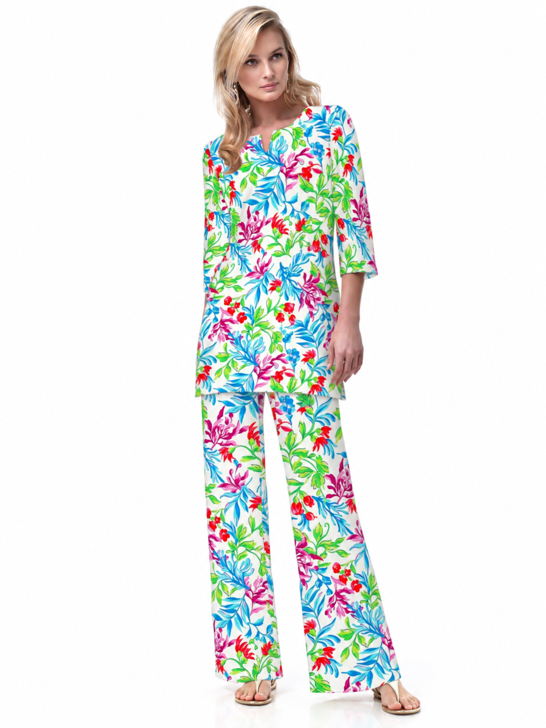 Woman wearing the Blue Multi nylon tunic and matching palazzo pants, 2 piece set