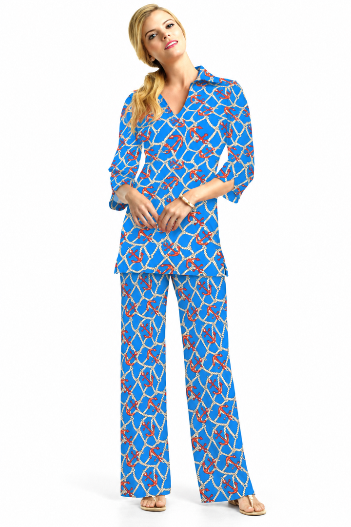 Woman wearing the Light Blue Tangerine nylon tunic and matching palazzo pants, 2 piece set
