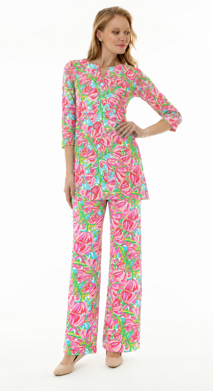 Woman wearing the Mint Pink knit tunic and matching palazzo pants, 2 piece set