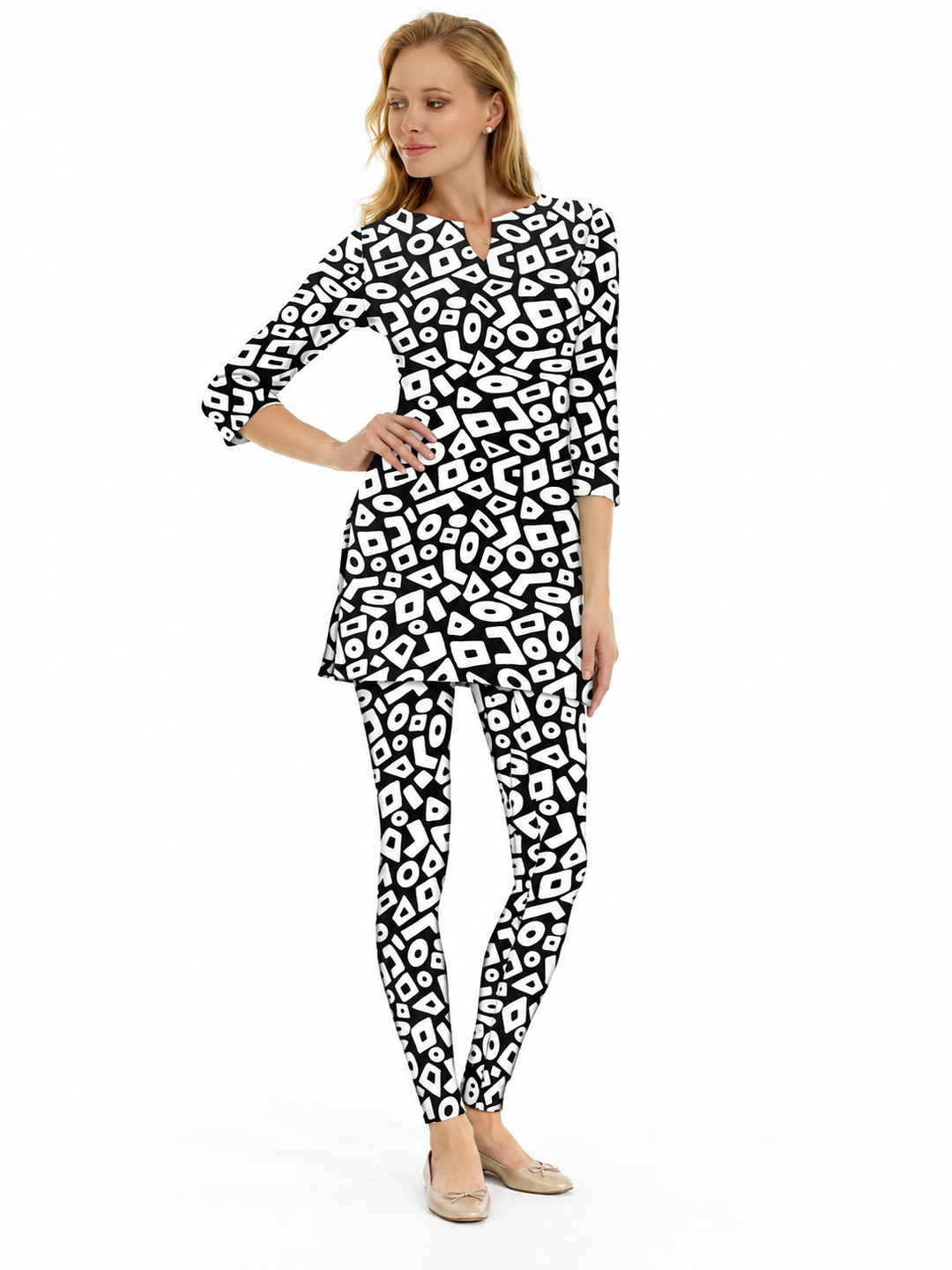 Woman wearing the Black nylon tunic and matching leggings, 2 piece set