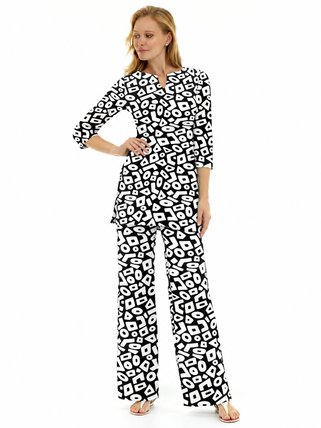 Woman wearing the Black nylon tunic and matching palazzo pants, 2 piece set