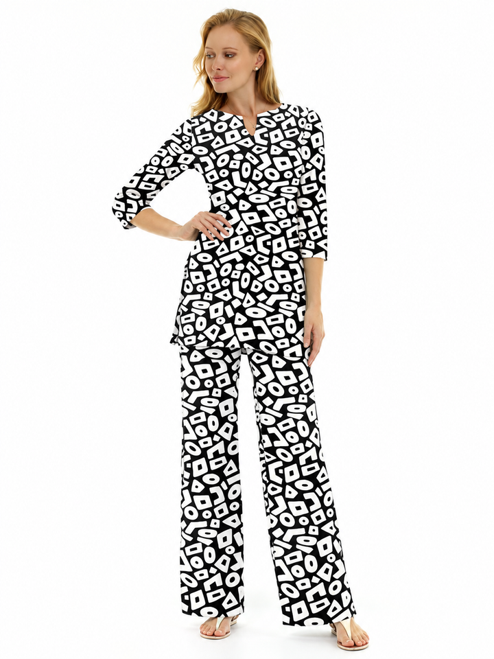 Woman wearing the Black nylon tunic and matching palazzo pants, 2 piece set