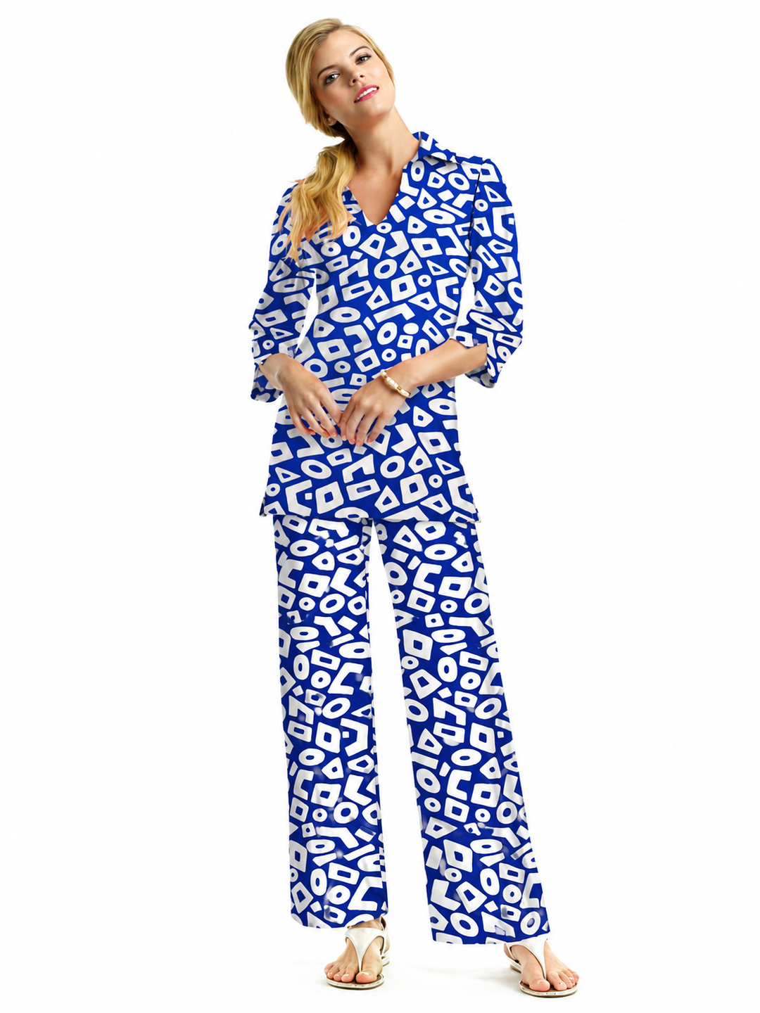 Woman wearing the Navy nylon shirt collar tunic and matching palazzo pants, 2 piece set
