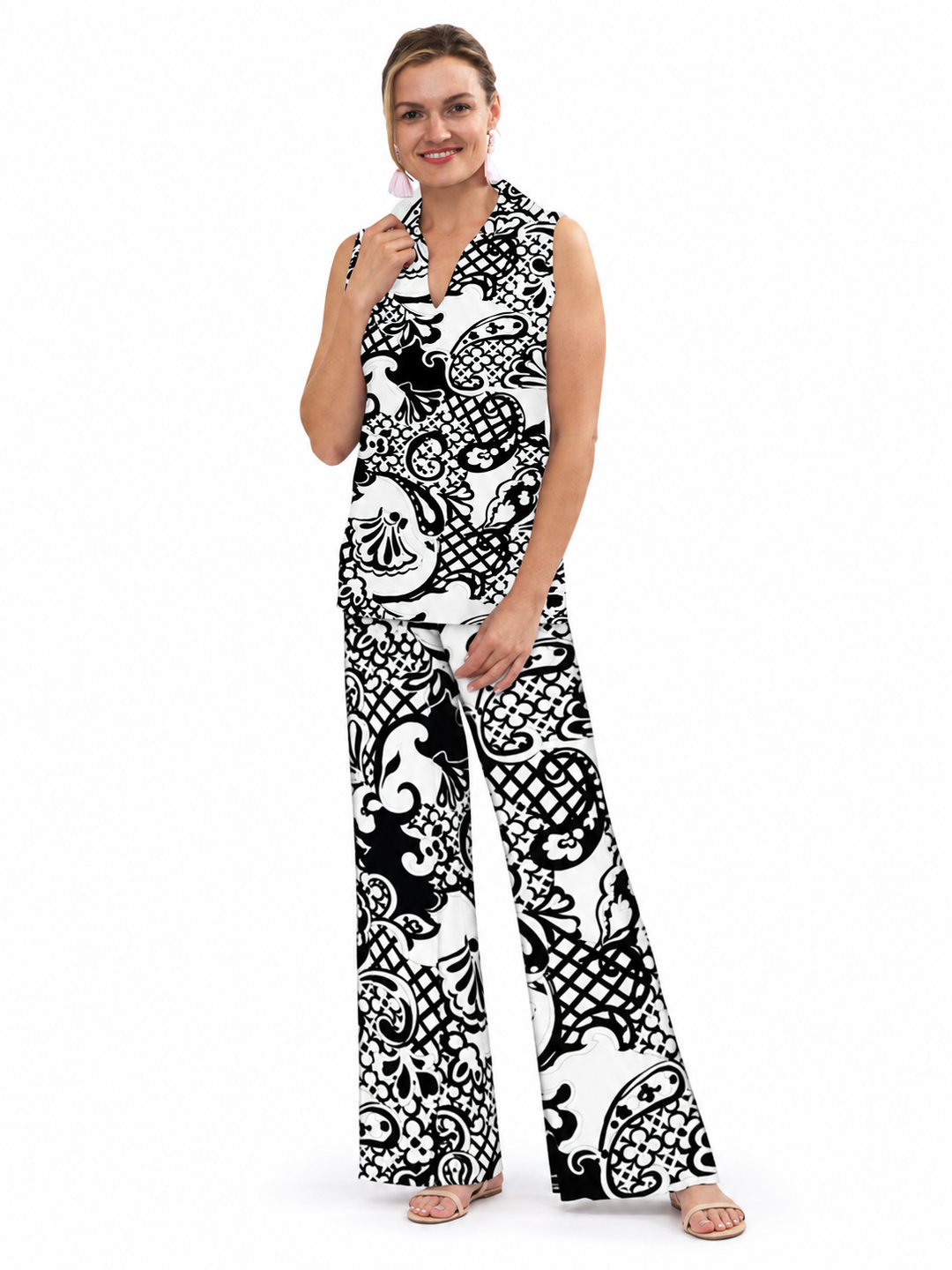 Woman wearing the Black White nylon collared top and matching palazzo pants, 2 piece set