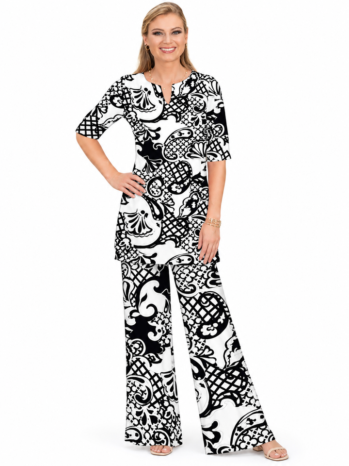 Woman wearing the Black White nylon tunic and matching palazzo pants, 2 piece set