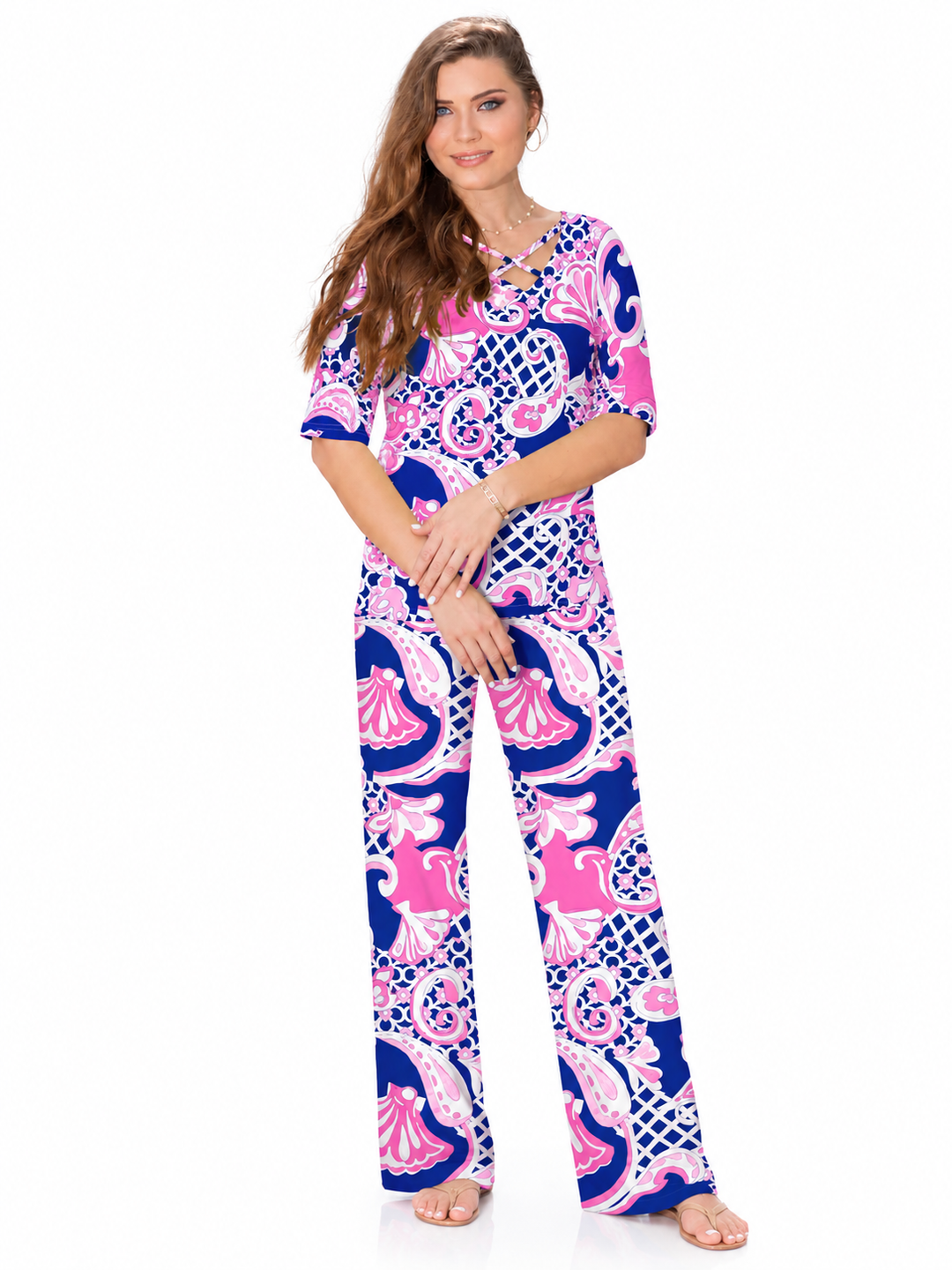 Woman wearing the Navy Pink nylon reversible top and matching palazzo pants, 2 piece set