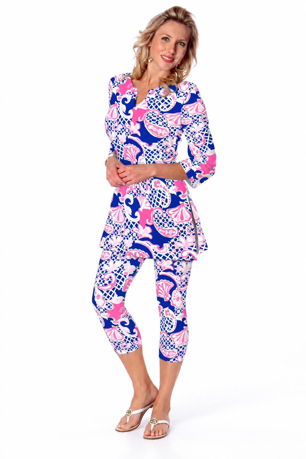 Woman wearing the Navy Pink nylon tunic and matching capri, 2 piece set