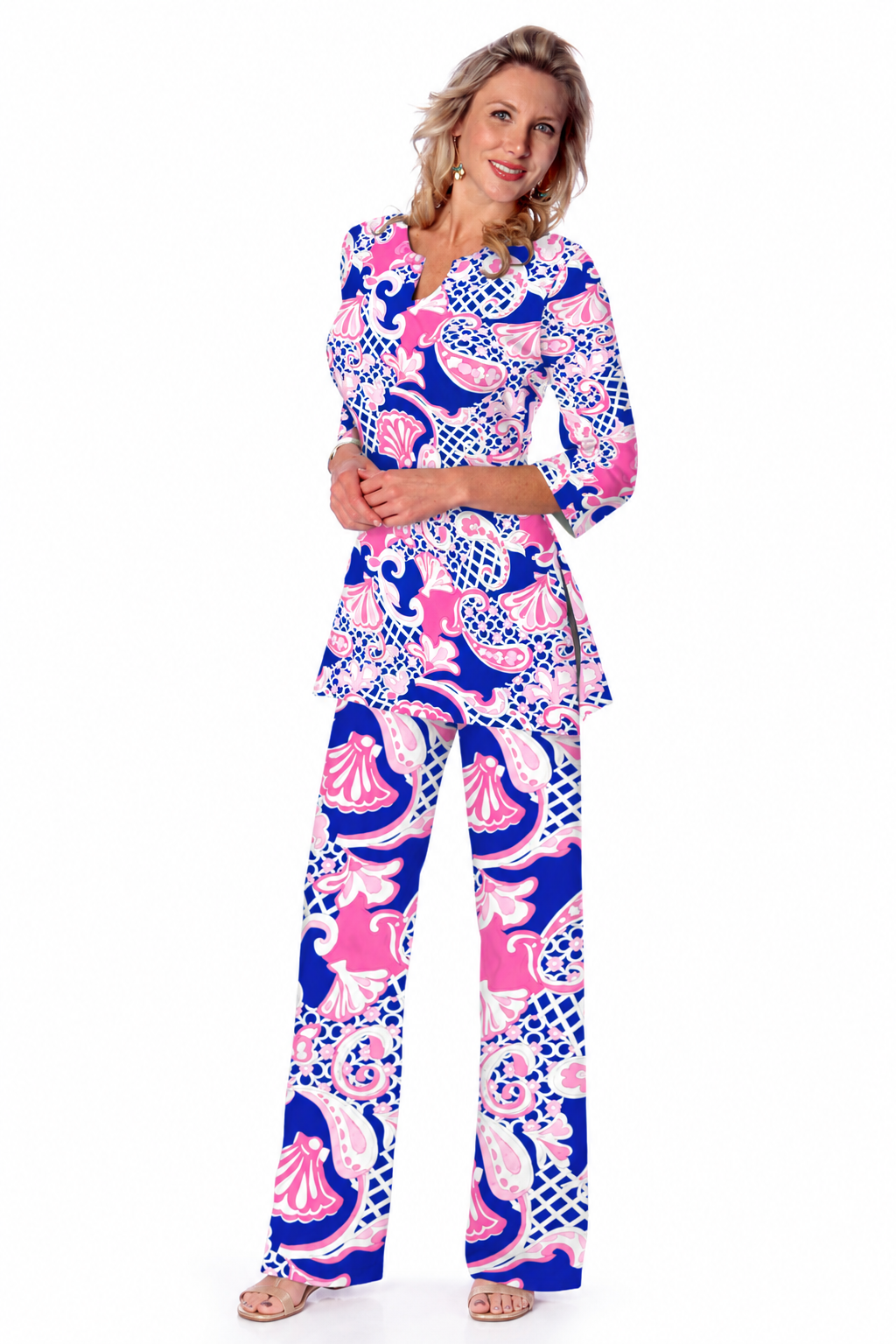 Woman wearing the Navy Pink nylon tunic and matching palazzo pants, 2 piece set