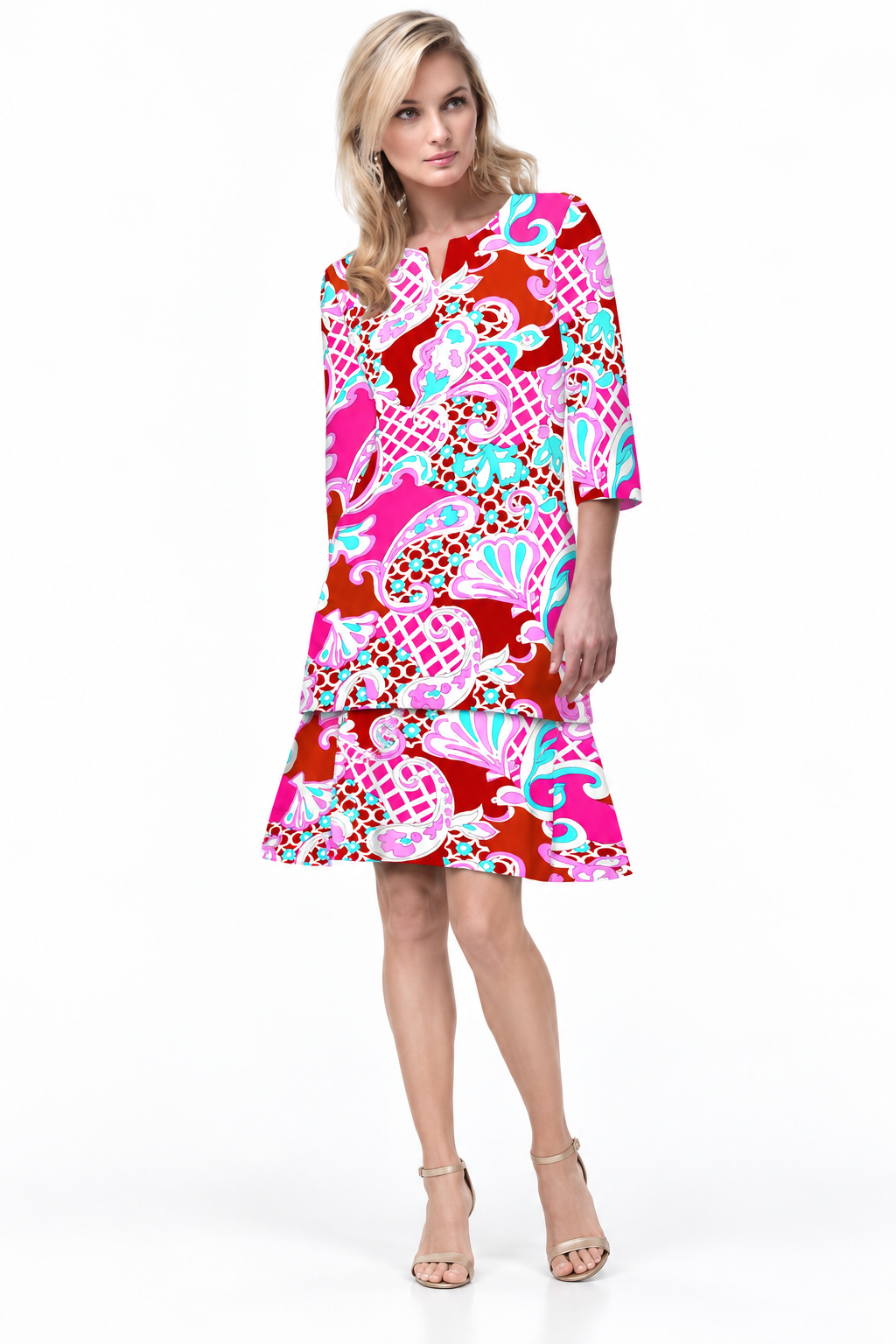 Woman wearing the Poppy Pink nylon tunic and matching skirt, 2 piece set