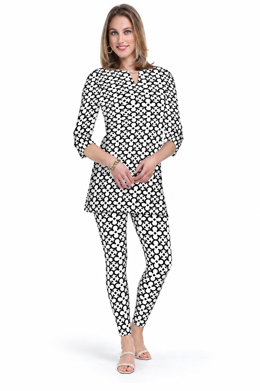 Woman wearing the Black White nylon tunic and matching leggings, 2 piece set
