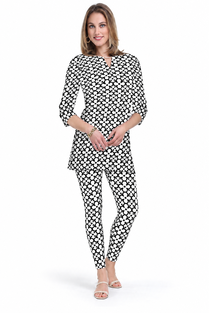 Woman wearing the Black White nylon tunic and matching leggings, 2 piece set