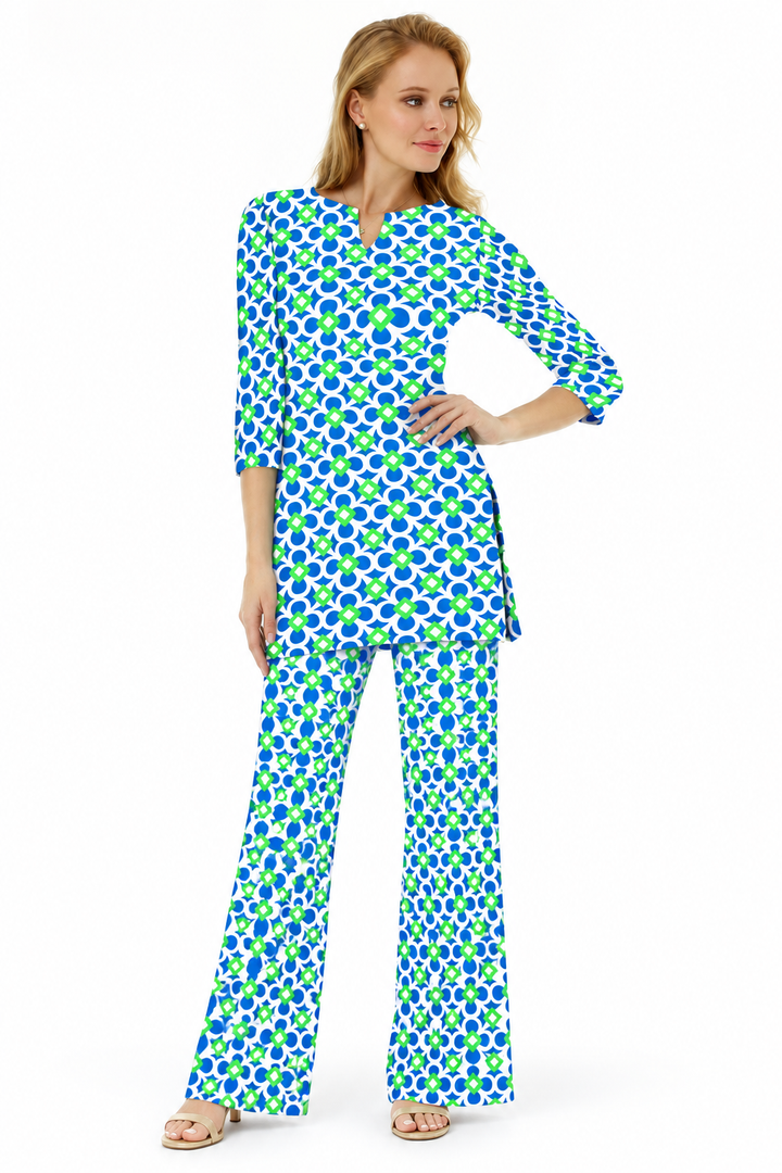 Woman wearing the Light Blue Lime nylon tunic and matching palazzo pants, 2 piece set