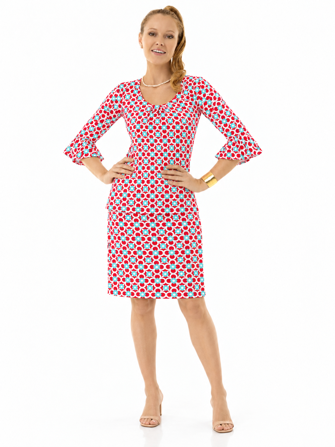 Woman wearing the Poppy Seafoam nylon ruffle sleeve top and matching skirt, 2 piece set