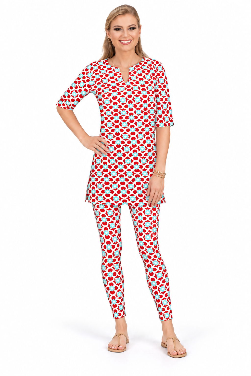 Woman wearing the Poppy Seafoam nylon tunic and matching leggings, 2 piece set