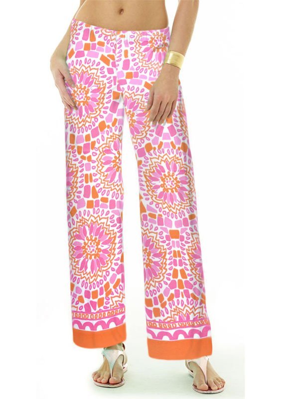 Knit palazzo pants in D68 Tangerine Pink print, part of the matching 2 piece set