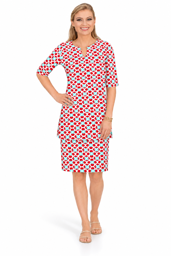 Woman wearing the Poppy Seafoam nylon tunic and matching skirt, 2 piece set