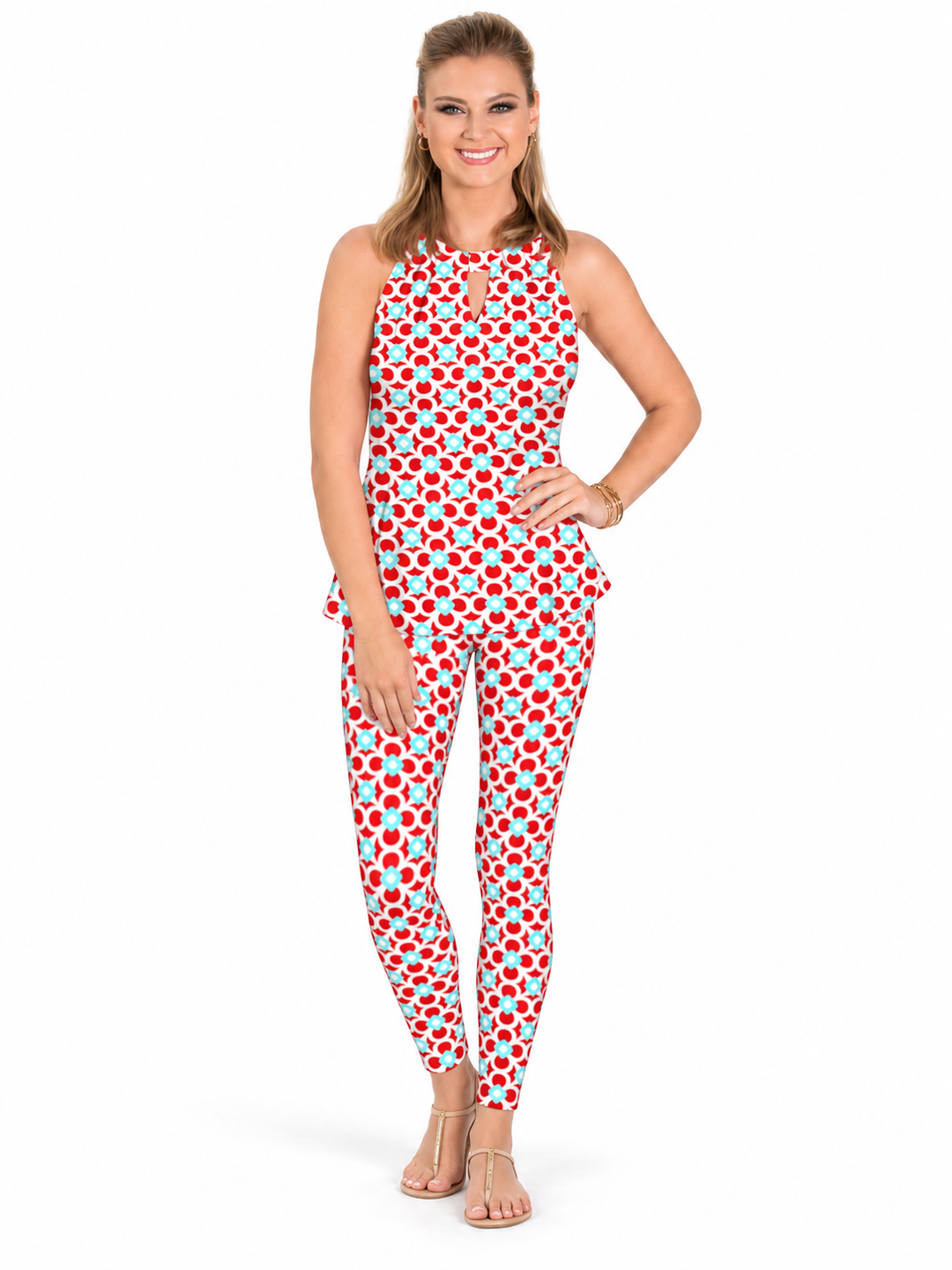 Woman wearing the Poppy Seafoam nylon halter top and matching leggings, 2 piece set