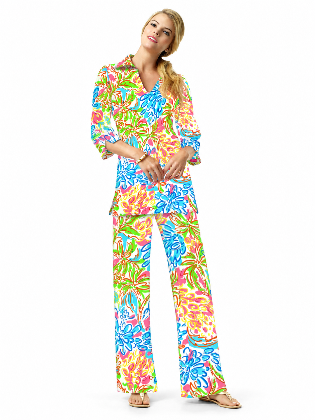Woman wearing the Tropical Multi nylon shirt collar tunic and matching palazzo pants, 2 piece set