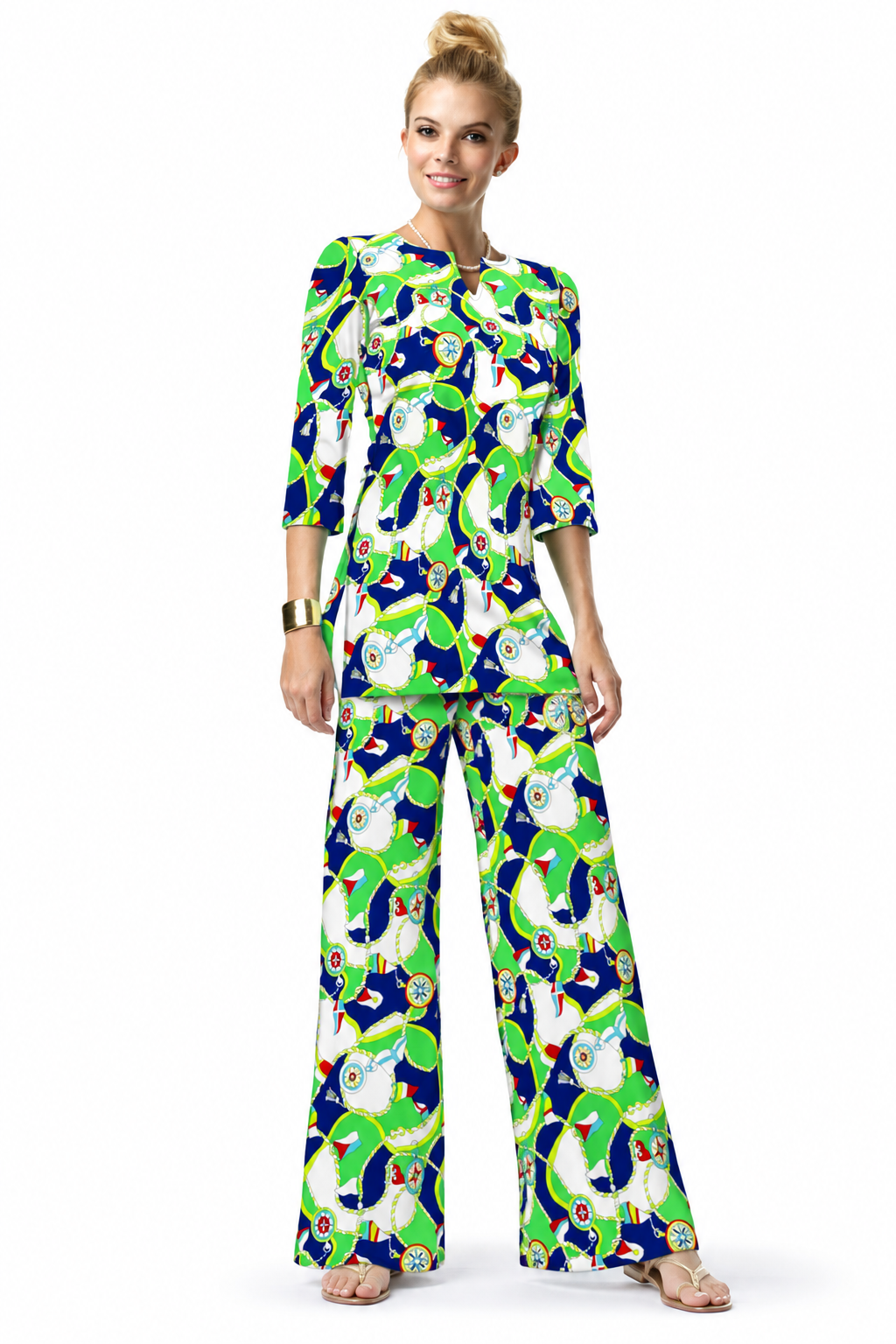 Woman wearing the Green Navy nylon tunic and matching palazzo pants, 2 piece set