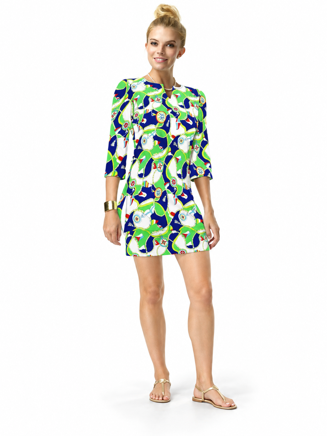 Woman wearing the Green Navy nylon tunic and matching skort, 2 piece set