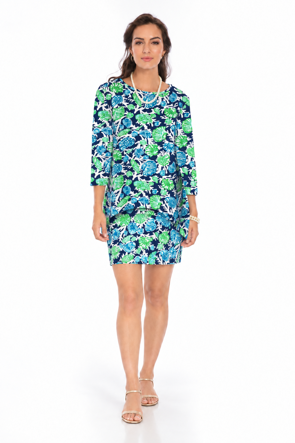 Woman wearing the Navy Jade knit tunic and matching skort, 2 piece set