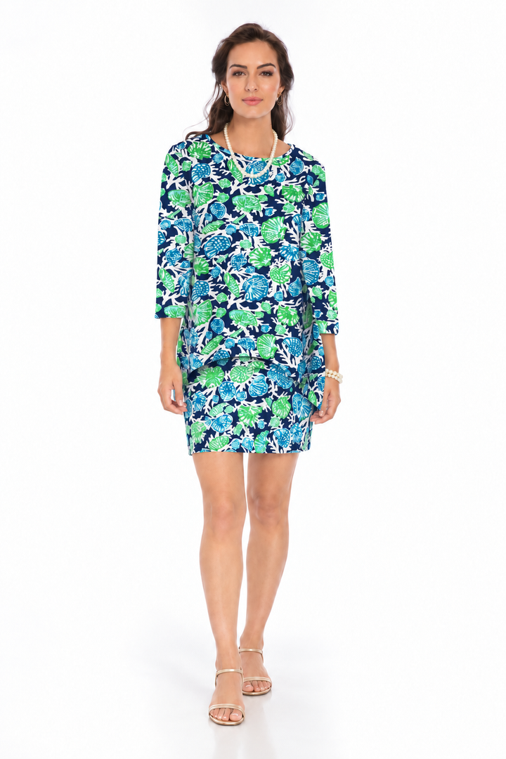 Woman wearing the Navy Jade knit tunic and matching skort, 2 piece set