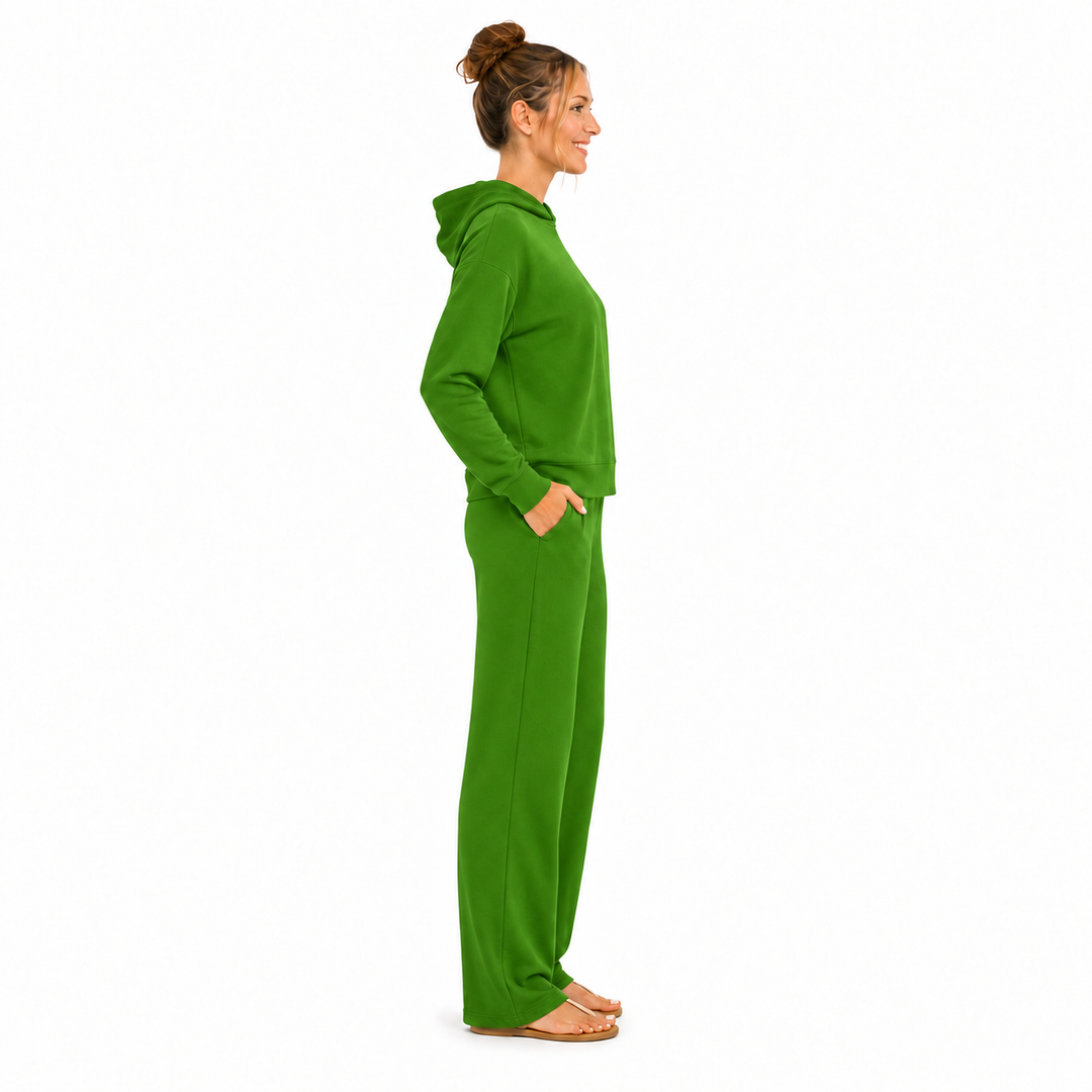Solid French Terry Hooded Top & Straight-Leg Pant 2-Piece Set - Emerald Green