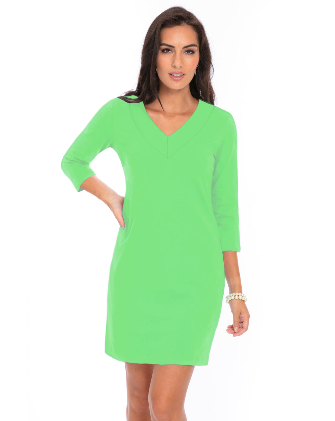 Cotton Knit Dress 3/4 Sleeve V-neck Style 220C00 L