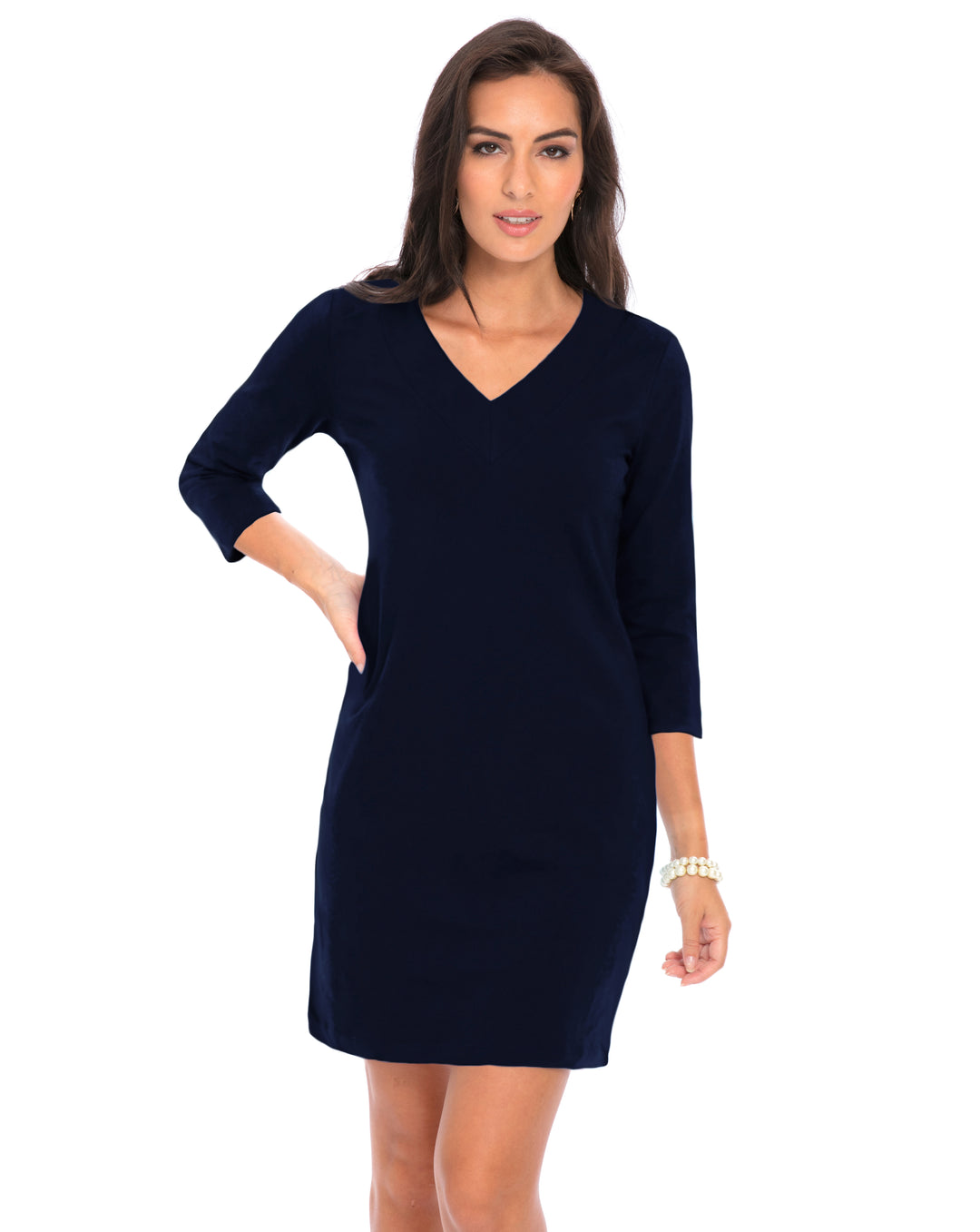 Cotton Knit Dress 3/4 Sleeve V-neck Style 220C00 N