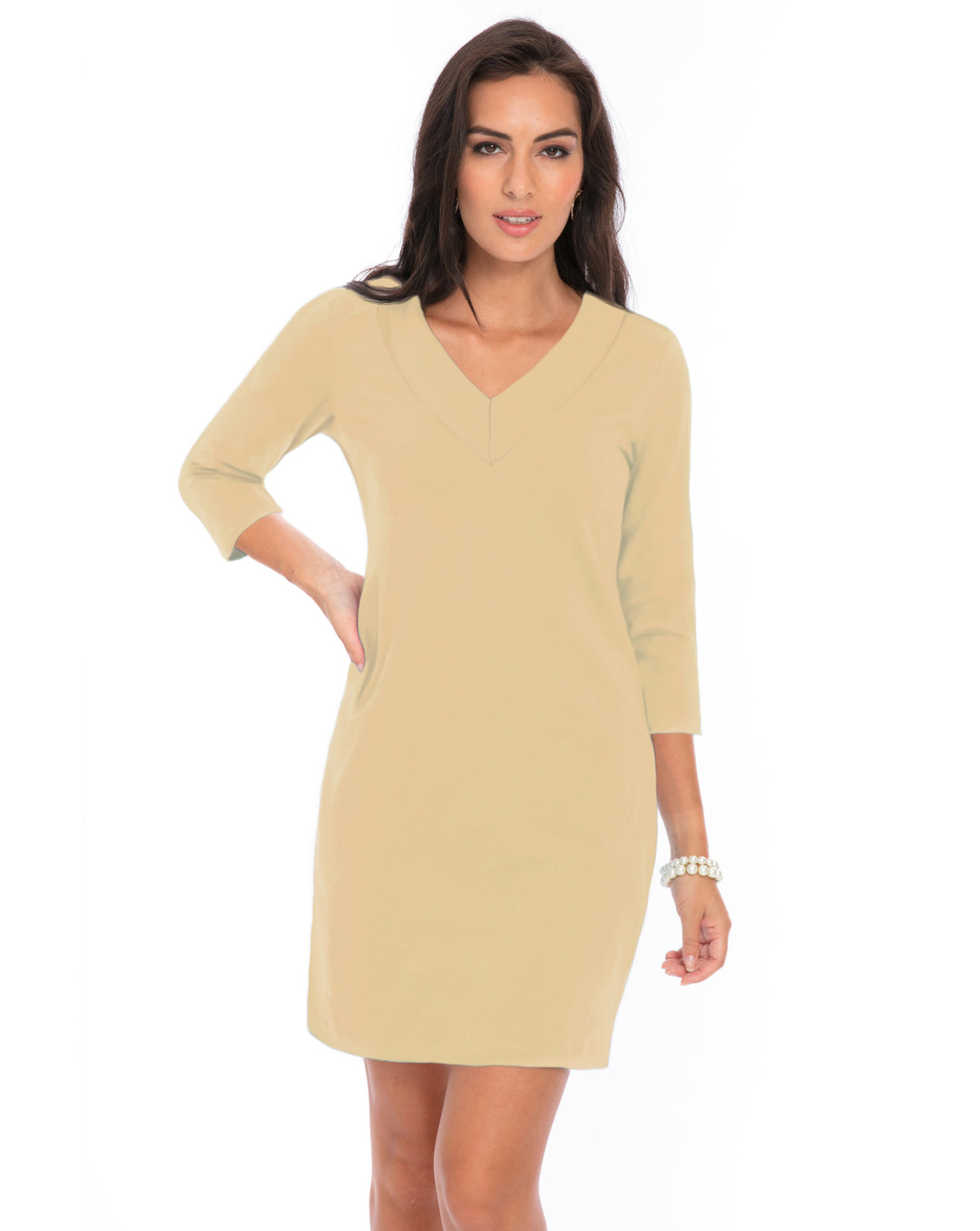 Cotton Knit Dress 3/4 Sleeve V-neck Style 220C00 SAND