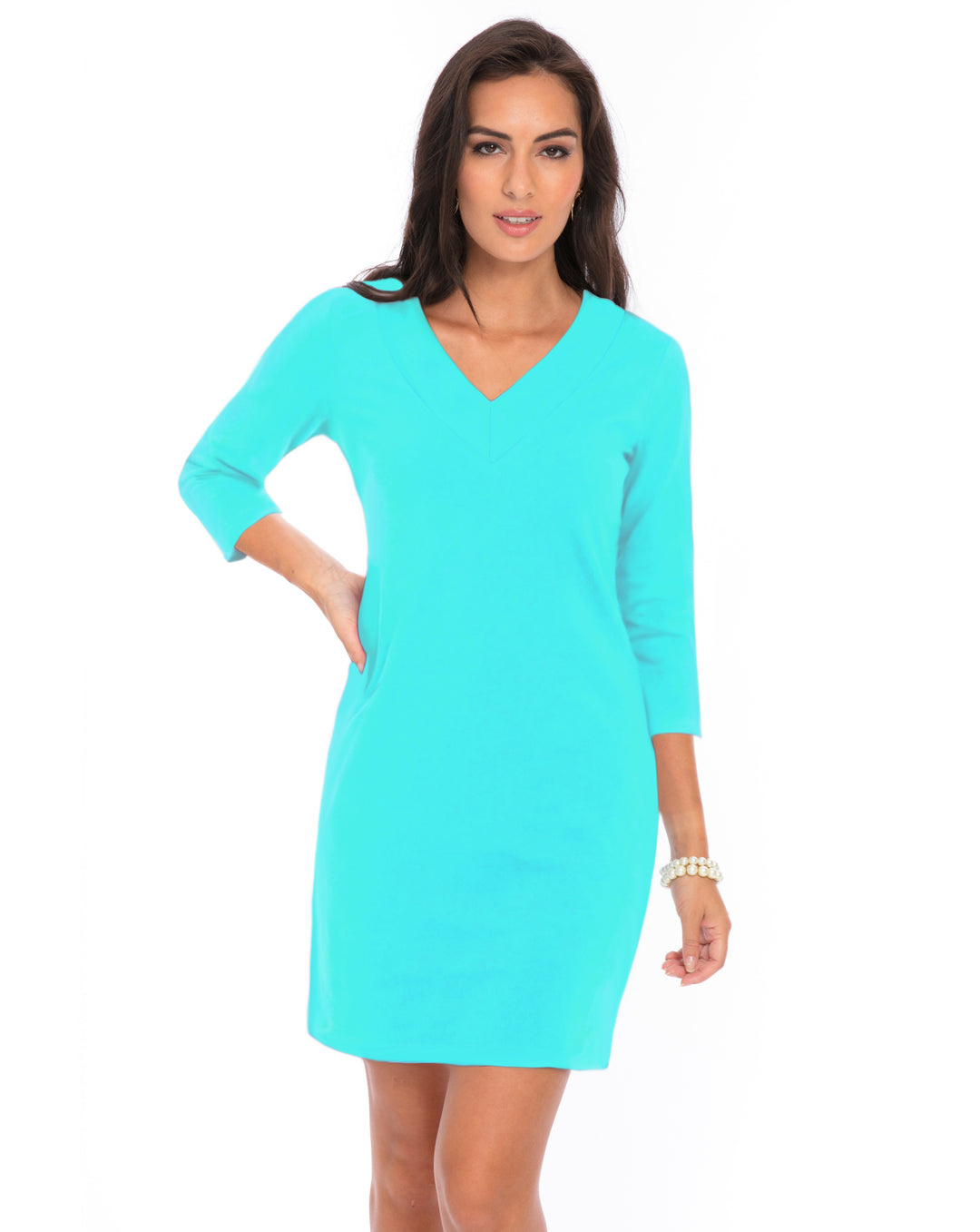 Cotton Knit Dress 3/4 Sleeve V-neck Style 220C00 SF