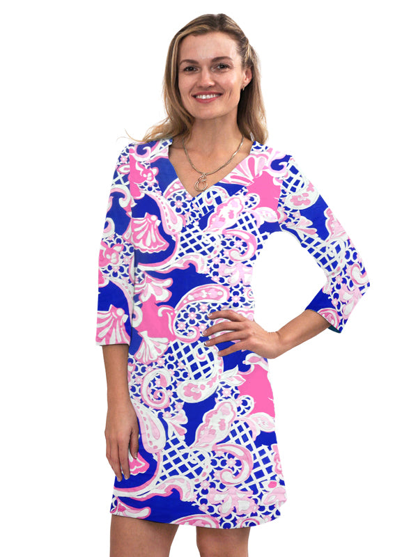 Nylon Spandex Dress V-Neck Style 220D62 NP Navy/Pink / X-Small