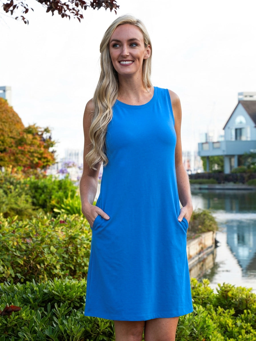 Solid Cotton Knit Dress Sleeveless Pocket Style 227C00-BL