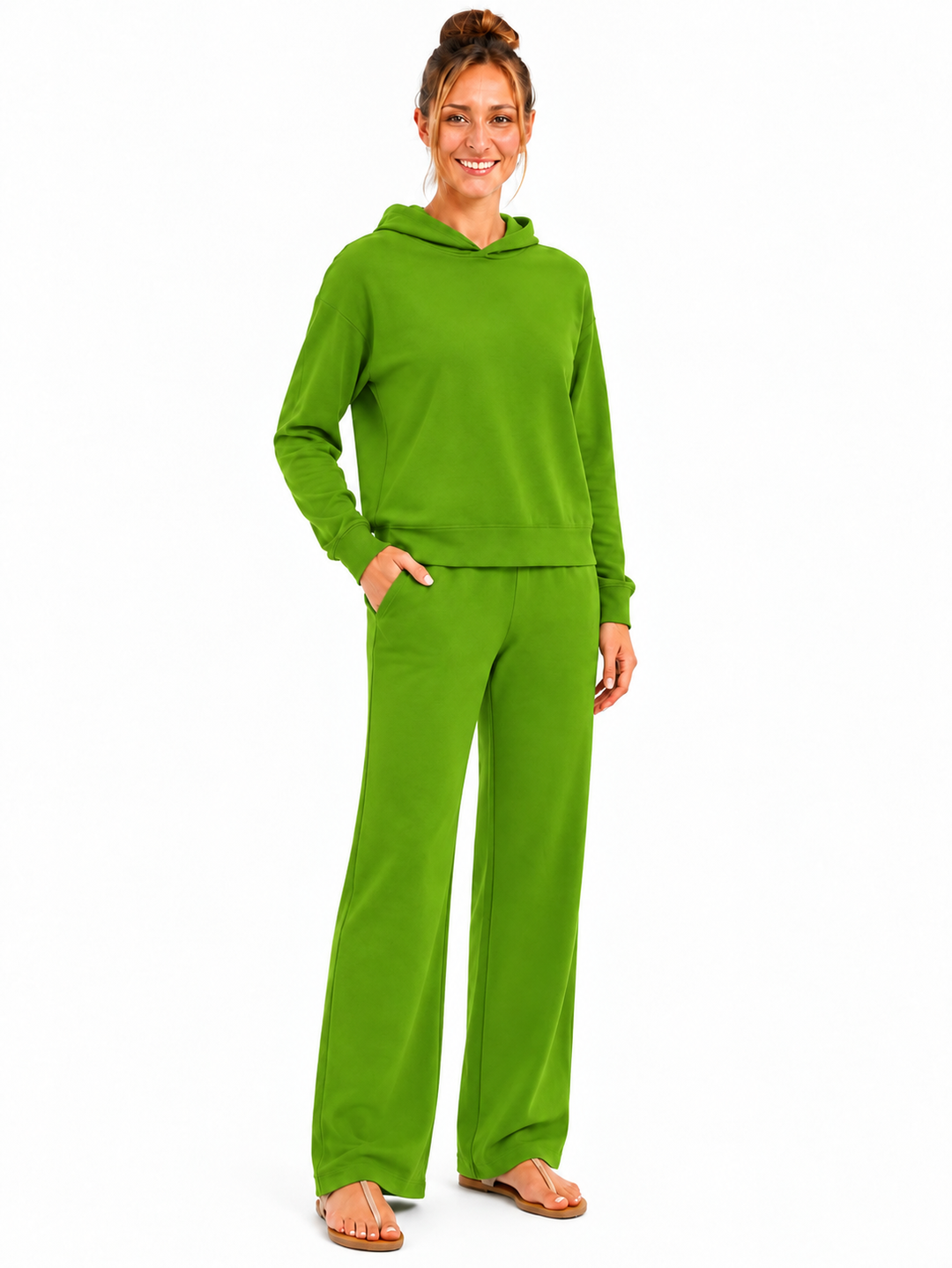Solid French Terry Hooded Top & Straight-Leg Pant 2-Piece Set - Emerald Green