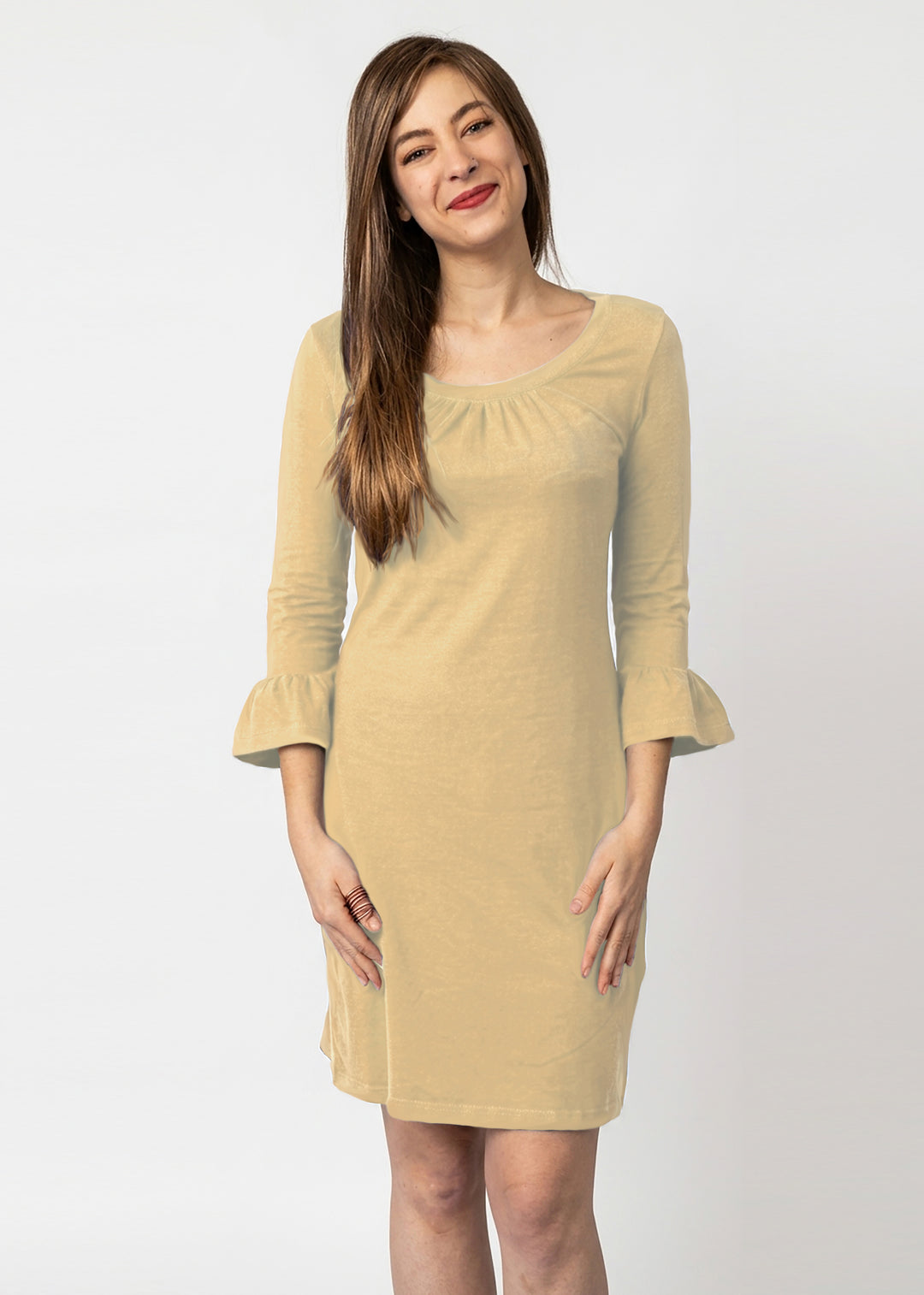 Cotton Knit Dress Ruffle Sleeve Round Neck Style 352C00 SD