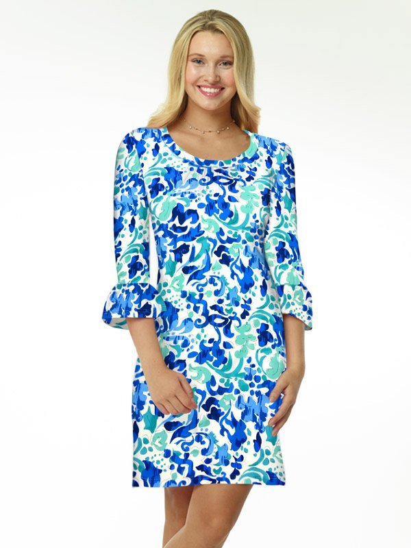 Nylon Spandex Dress Round Neck Ruffle Sleeve Style 352D61 BT Blue/Tonal / X-Small Nylon Spandex Dress Round Neck Ruffle Sleeve Style 352D61 BT Blue/Tonal / X-Small