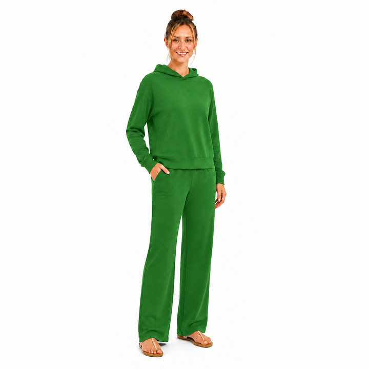 Solid French Terry Hooded Top & Straight-Leg Pant 2-Piece Set - Emerald Green