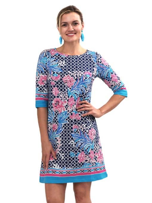 Engineered Knit Dress Elbow Sleeve Round Neck Style 583E80 NP Navy/Pink / Large