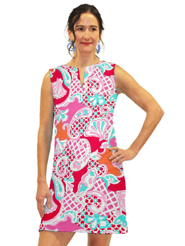 Nylon Spandex Dress Sleeveless Slit Neck Style 610D62 PP Poppy/Pink / Large