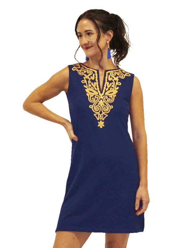 Solid French Terry Embroidered Dress Sleeveless Slit Neck Style 610F00Q07 NG Navy/Gold / Small Solid French Terry Embroidered Dress Sleeveless Slit Neck Style 610F00Q07 NG Navy/Gold / Small