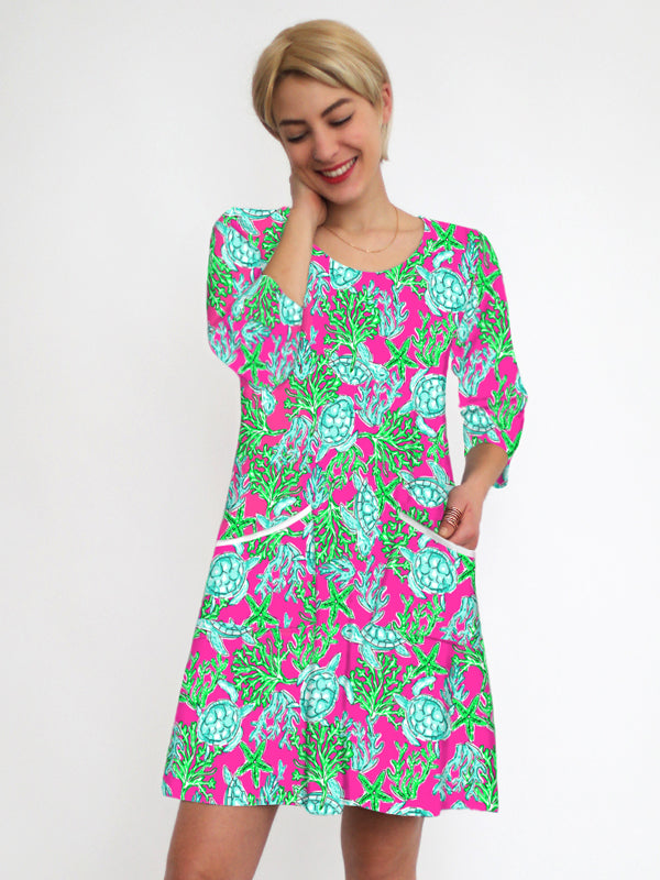 Cotton Knit Printed Dress 3/4 Sleeve A-Line Style 750F36-PG Pink/Green / X-Large